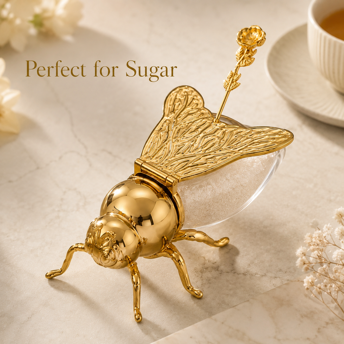 Imperial Bee Shaped Honey & Sugar Jar With Spoon ( Metal & Glass )